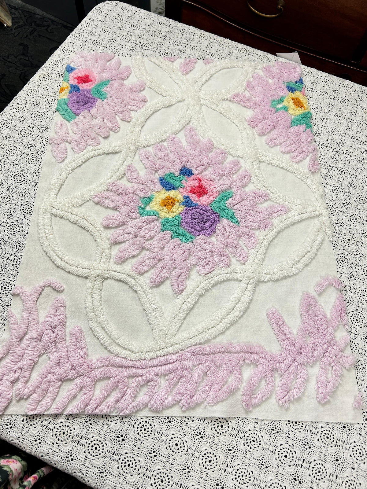 Vintage Chenille Fabric, Lavender Pink Floral Tufted 18x26" Craft Piece