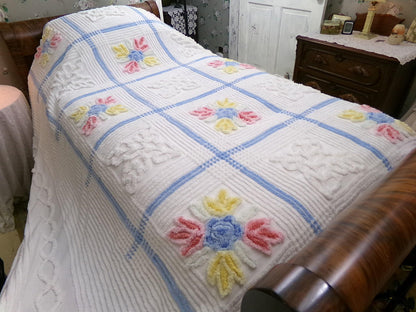 Vintage Full Size Chenille Bedspread | Country Beach Cottage | Coastal Farmhouse Decor | Cotton Seaside Chic Bedding | Beach House Style