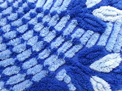 celestial blue vintage chenille bedspread fabric, plush abstract deco tufting, 22" x 20" piece