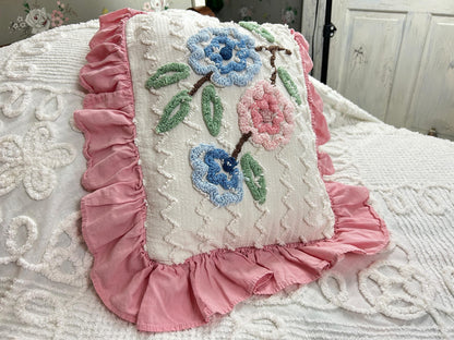 Cottage Ruffled Vintage Chenille Pillow Cover Reversible Floral Rectangle Shape