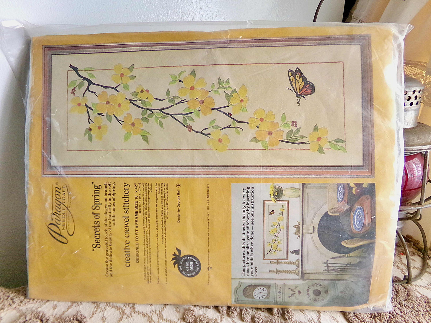 SECRETS of SPRING Crewel Embroidery Kit, HUGE Butterfly & Flowers Wall Hanging, Vintage Paragon Retro Hippie Stitchery, # 0629, Georgia Ball