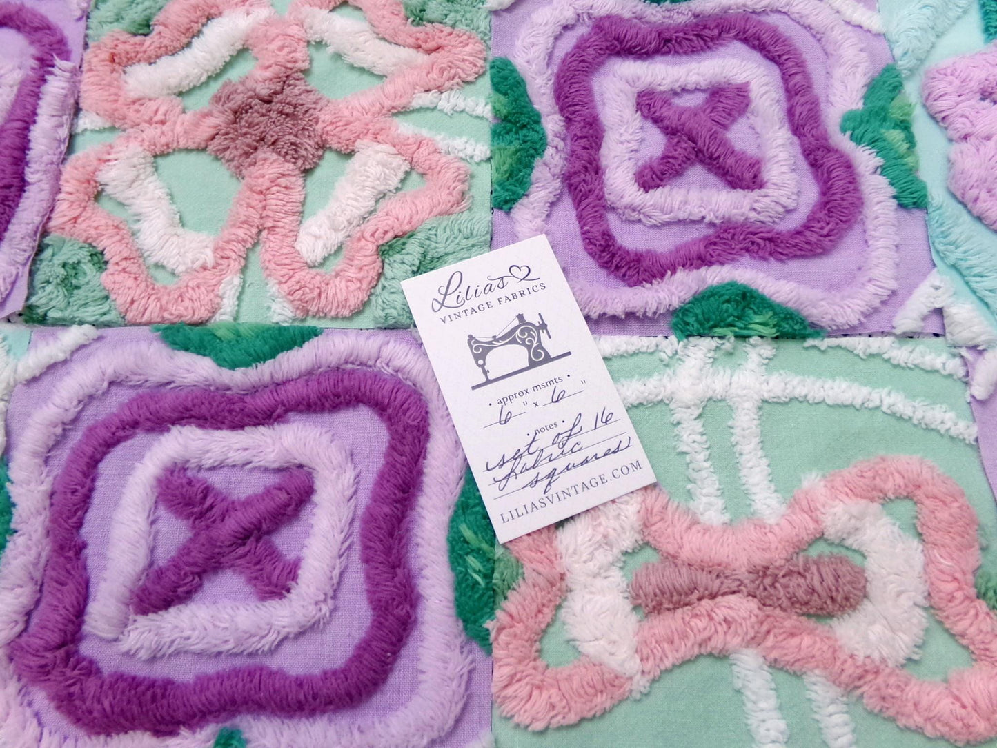 fabulous flowers vintage chenille fabric squares, set of 16 lavender green quilt blocks 6" ea