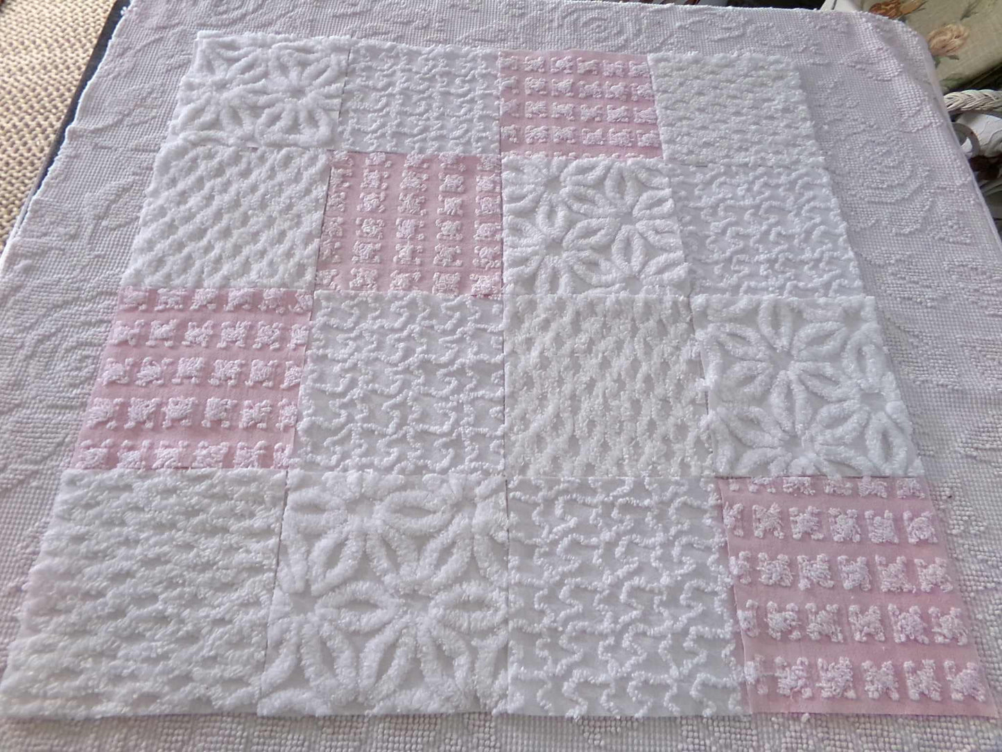 angelic vintage chenille fabric squares, set of 16 quilt blocks 6" each pink & white