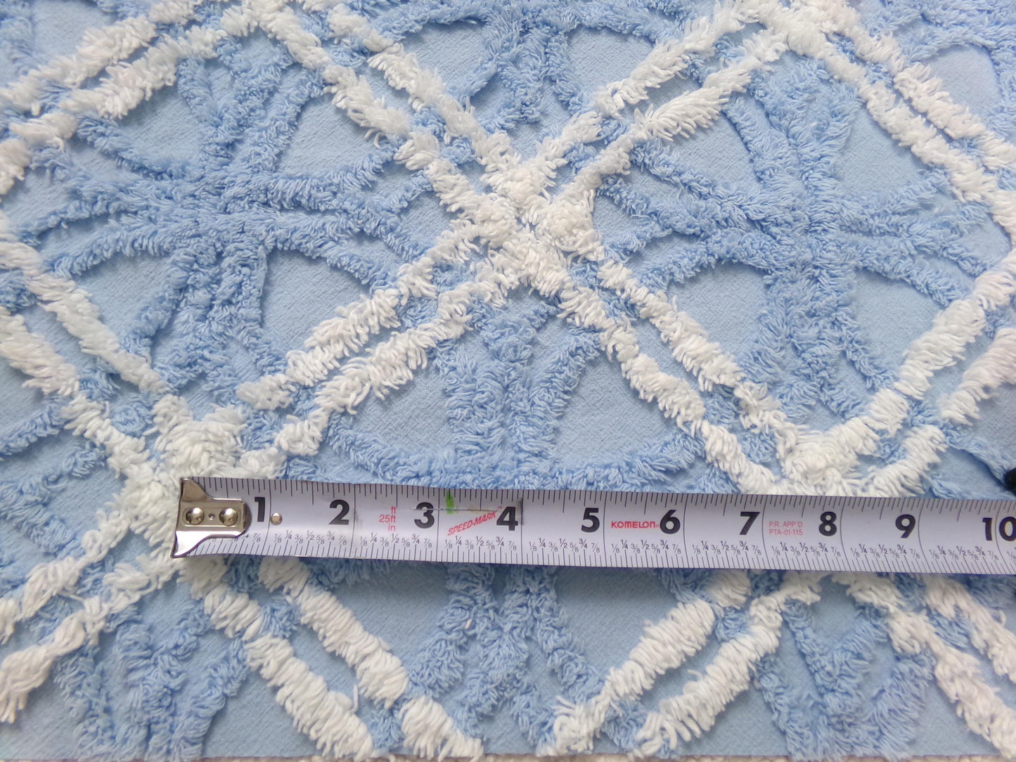 Vintage Chenille Fabric Baby Blue White Geometric Tufted Cottage Coastal Chic, 18" x 22"