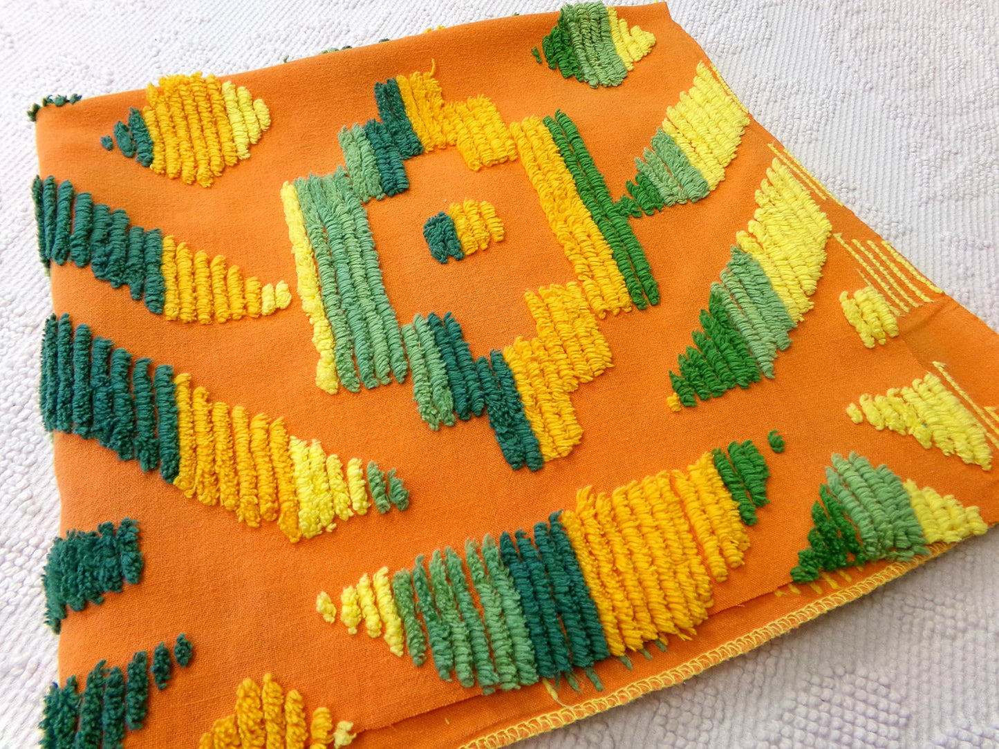 ethnic boho Southwestern vintage chenille fabric, vivid Aztec design, 20" x 24" piece of orange cotton sewing material for pillows, quilts