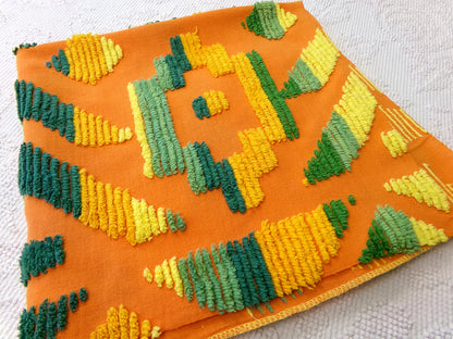 ethnic boho Southwestern vintage chenille fabric, vivid Aztec design, 20" x 24" piece of orange cotton sewing material for pillows, quilts