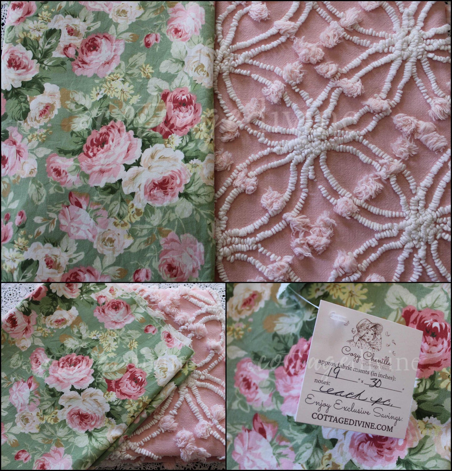 Cottage Coordinated Vintage Fabric Bundle: Gorgeous Plush Tufted Chenille Piece & Mint Green Cabbage Rose Cotton Fabric, for Quilts, Crafts