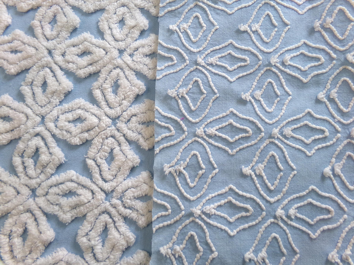 Blue & White Vintage Chenille Fabric, Plush Diamond Cross Design, 18x24" Piece