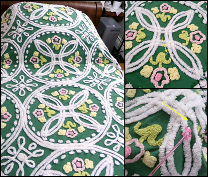 Vintage Chenille Bedspread, Emerald Green Floral Wedding Rings, Accent Fringe, Full