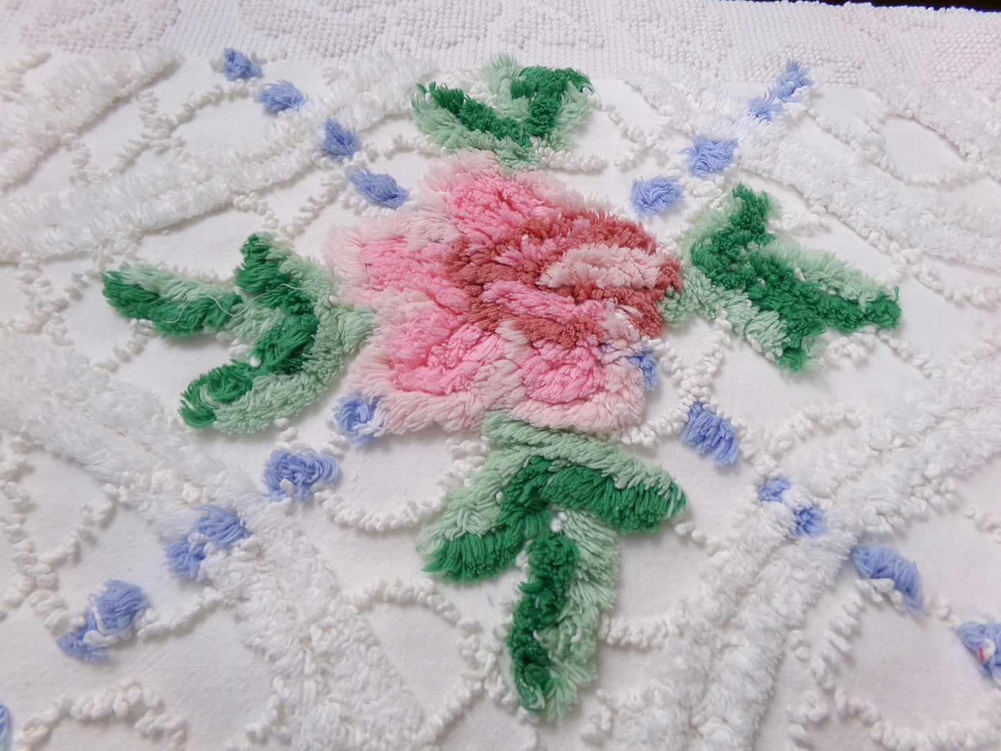 shabby cottage vintage chenille fabric, pink rose quilt material, 22" x 25" piece