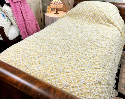 Vintage Chenille Bedspread, Sunny Yellow Dense Tufted Starbursts, Full Sz