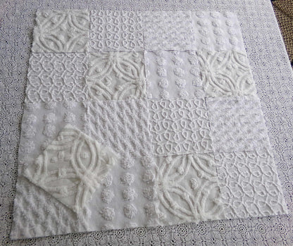 Weathered Whites Vintage Chenille Fabric Squares, 17 Blocks, 6" x 6" inch, Neutral Shades of Classic White
