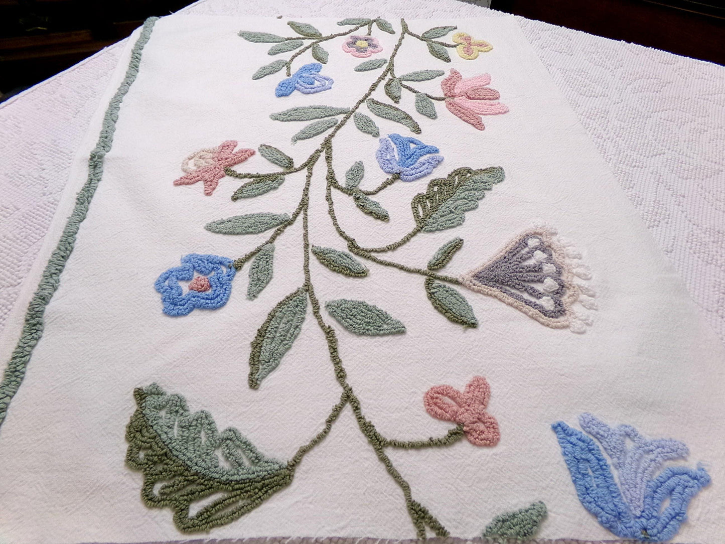 Woodland Meadow Vintage Chenille Bedspread Fabric, Floral Boho Sewing Material, 18" x 23" piece