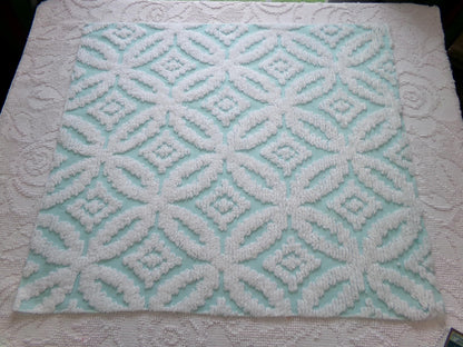 vintage aqua chenille fabric, white petals geometric design, 20" x 24" piece of sewing material