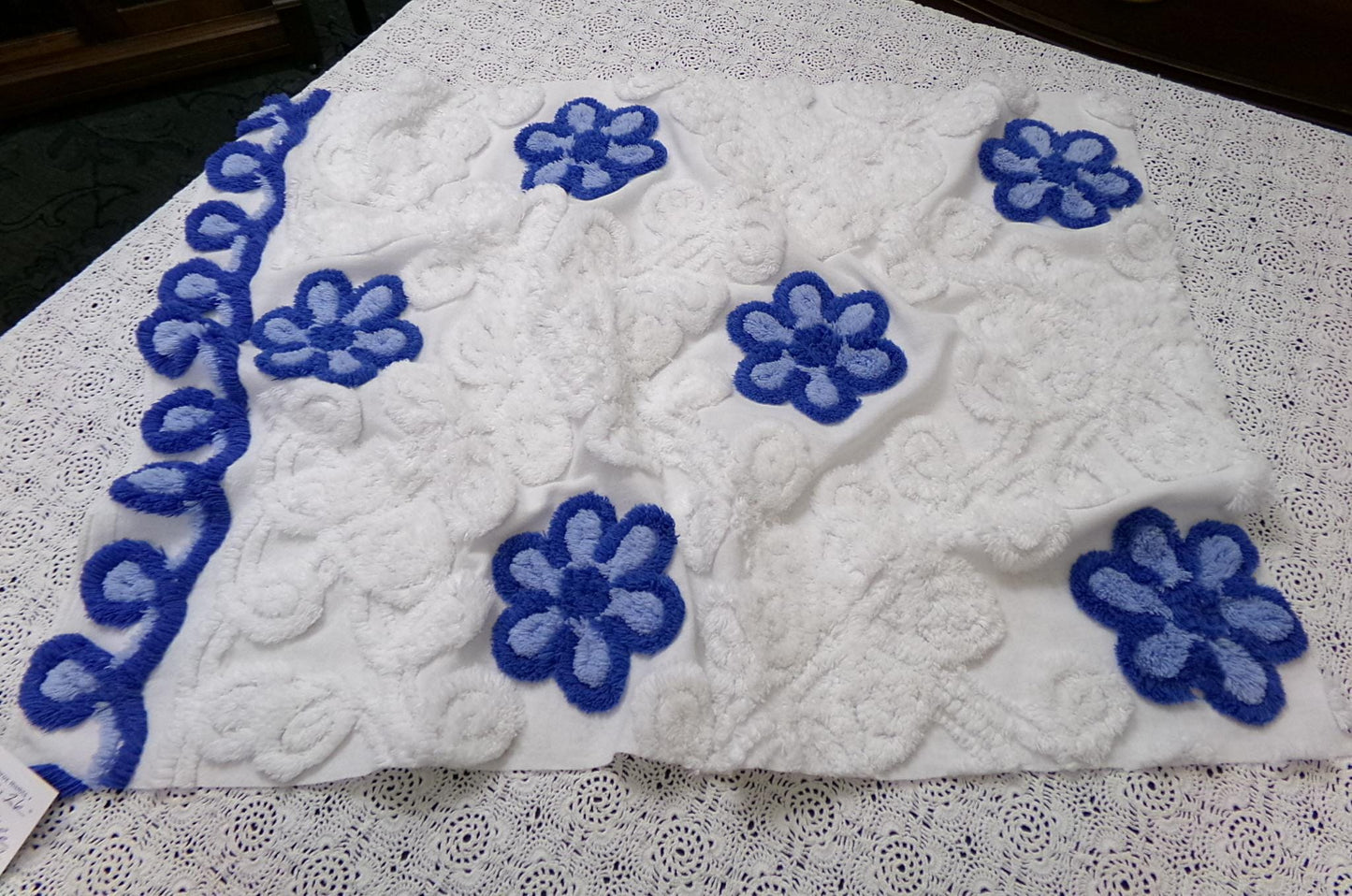 Vintage Chenille Bedspread Fabric, Plush Blue Flowers White Curlicues, 20x26" Piece