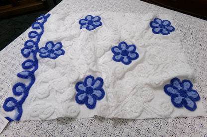 Vintage Chenille Bedspread Fabric, Plush Blue Flowers White Curlicues, 20x26" Piece