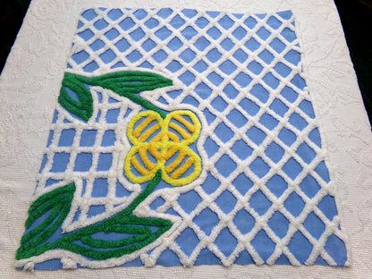 Vintage Blue Chenille Fabric, Yellow Flower on White Terrace Tuft, 22" x 23.5" Piece Sewing Quilt Material