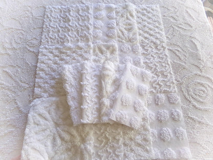 cherub feathers white chenille fabric squares, cut from vintage chenille bedspreads in popular patterns, set of 16 quilt blocks, 6" inch ea