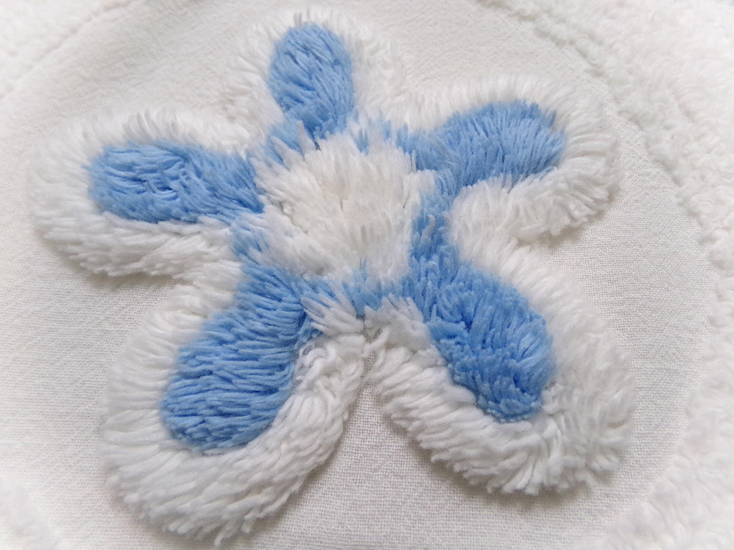 Boho Coastal Vintage Chenille Bedspread Fabric, Blue Circle Dot Flowers 24" x 20" Piece
