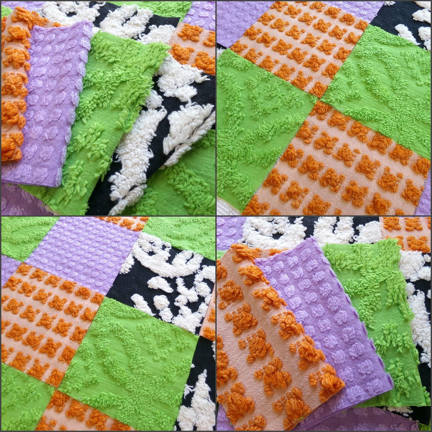 boho witchy vintage chenille fabric squares, set of 16 spellbinding 6" blocks for crafts, sewing in orange, black, green & lavender