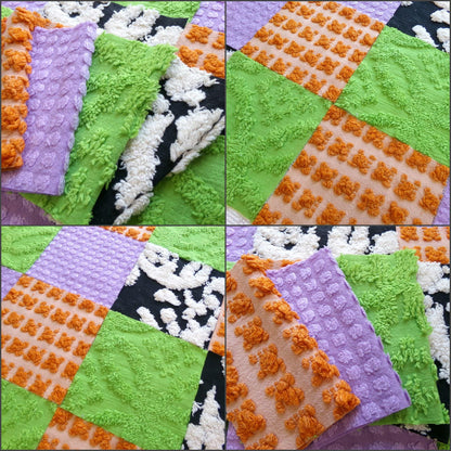 boho witchy vintage chenille fabric squares, set of 16 spellbinding 6" blocks for crafts, sewing in orange, black, green & lavender