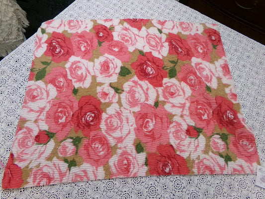 Vintage Chenille Rose Fabric Piece 18x24" Coral Pink Red Blooms Craft Sewing Pillow Material