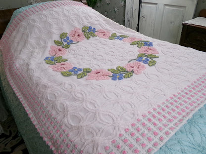 Vintage Floral Quilt Handmade from Shabby Chenille Bedspread Fabrics 52x45.5"