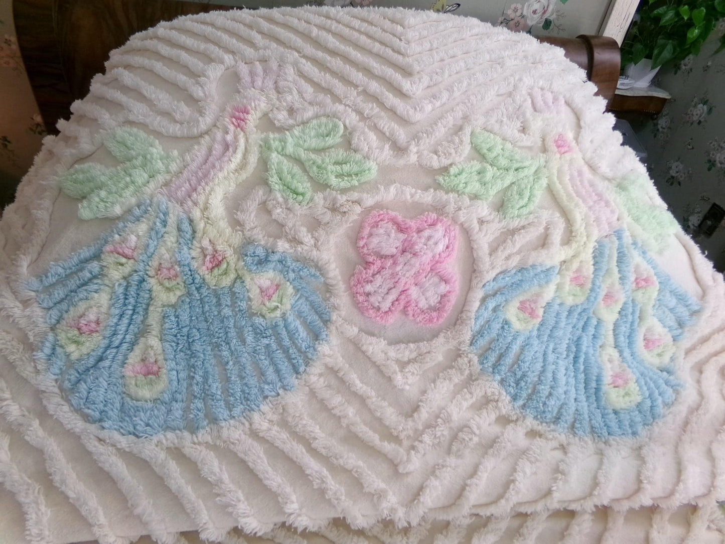 Pastel Peacock Vintage Chenille Bedspread, Boho Creamy Cotton Full Size