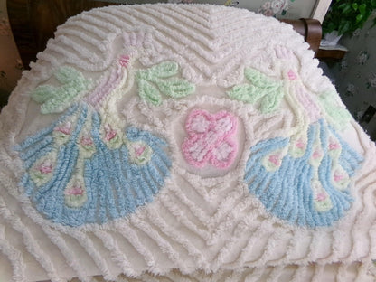 Pastel Peacock Vintage Chenille Bedspread, Boho Creamy Cotton Full Size