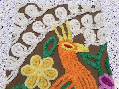 boho peacock vintage chenille bedspread fabric exotic bird brown orange 13x21" small piece