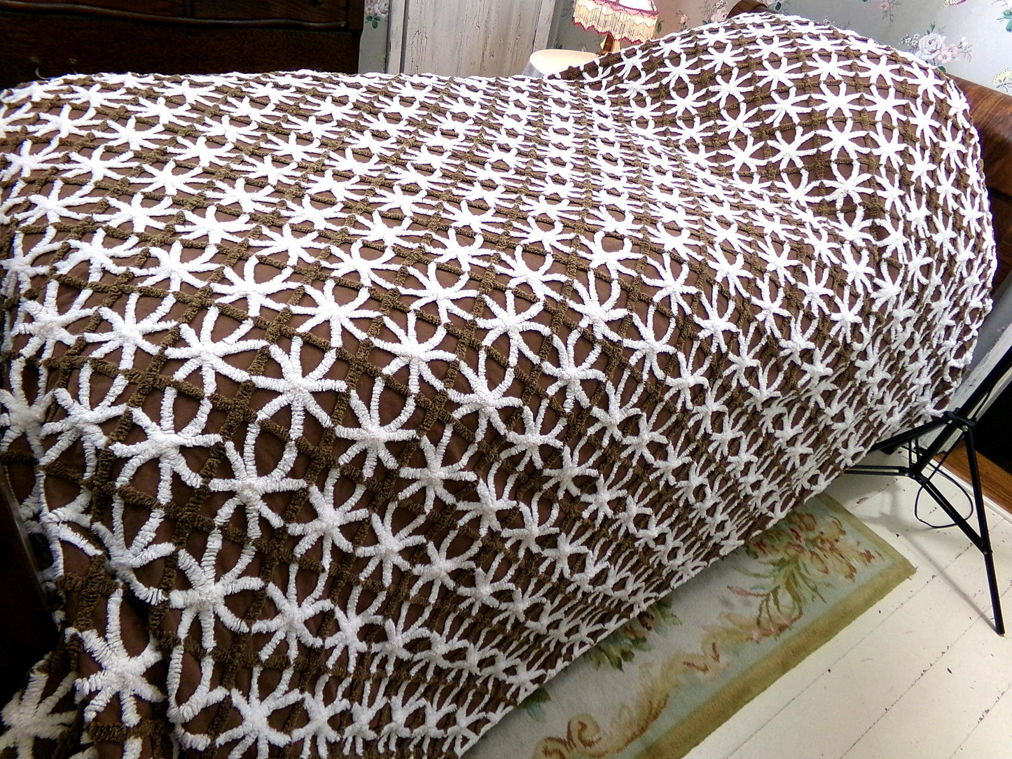 Vintage Chenille Bedspread: Chocolate Cookies Brown Full Size Cotton Bedding