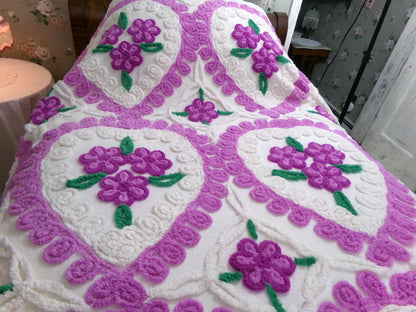 Vintage Chenille Bedspread Violets in Snow Heart Scrollwork White Cottage Bedding, FULL