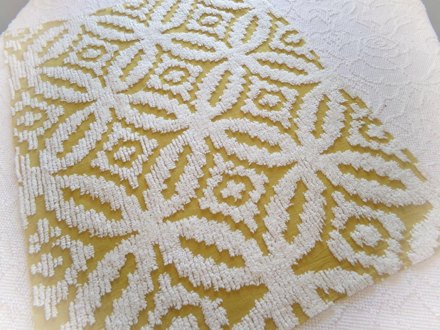 honey harvest gold vintage chenille fabric, retro 18" x 25" cut piece, white geometric tufts, lightweight cotton sewing fabric