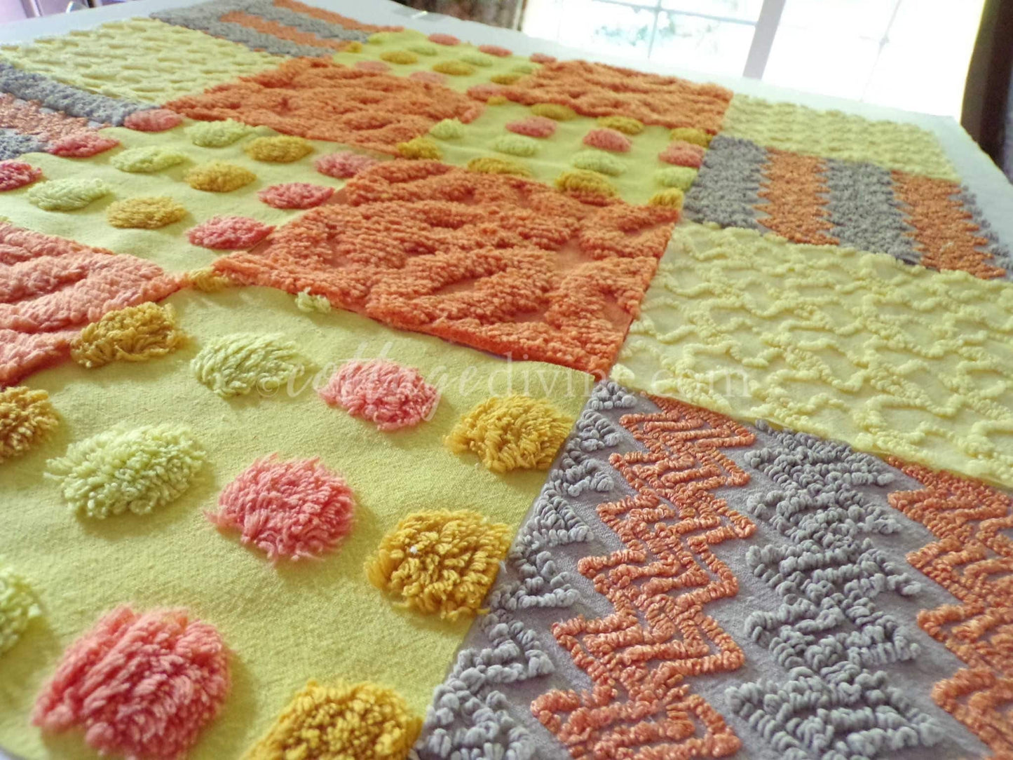 retro hippie daze chenille fabric squares, set of 16 vintage 6" x 6" inch quilt blocks for crafts, sewing, fiber arts