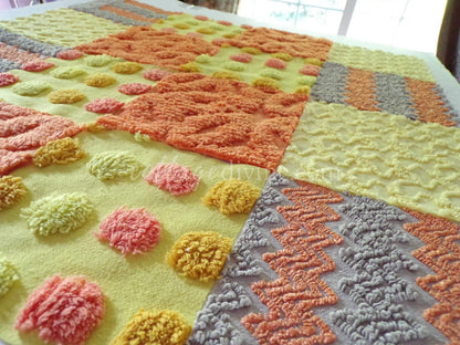 retro hippie daze chenille fabric squares, set of 16 vintage 6" x 6" inch quilt blocks for crafts, sewing, fiber arts