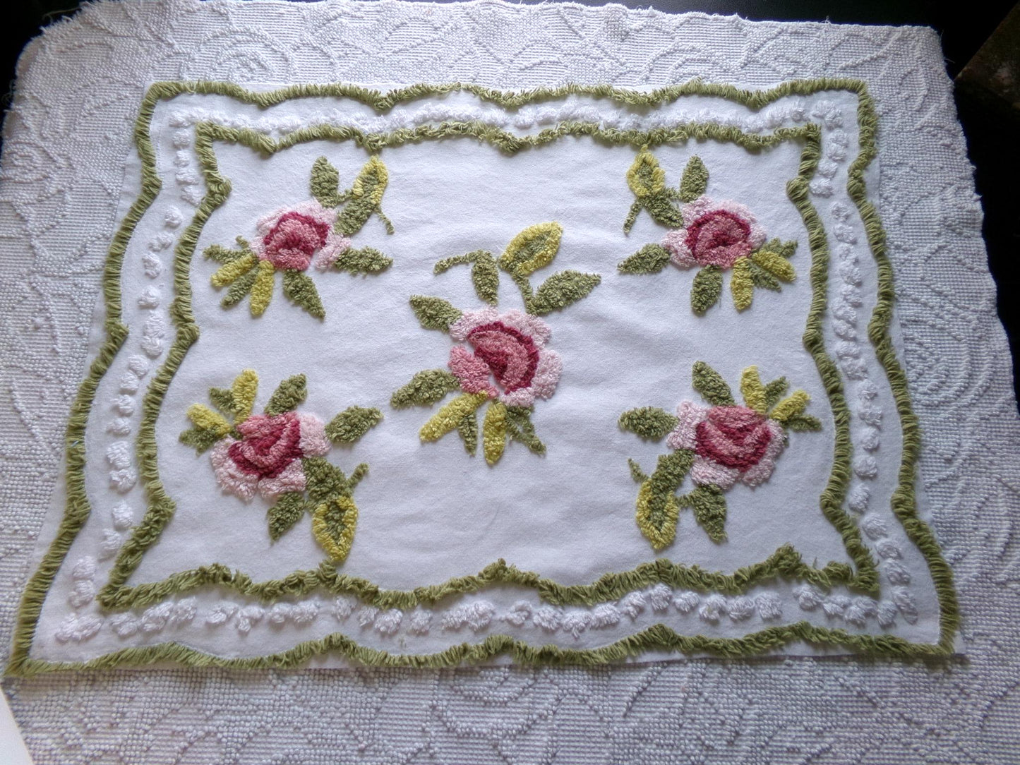 vintage rose chenille fabric, 19" x 25" inch piece of cotton sewing material, great for pillows & crafts