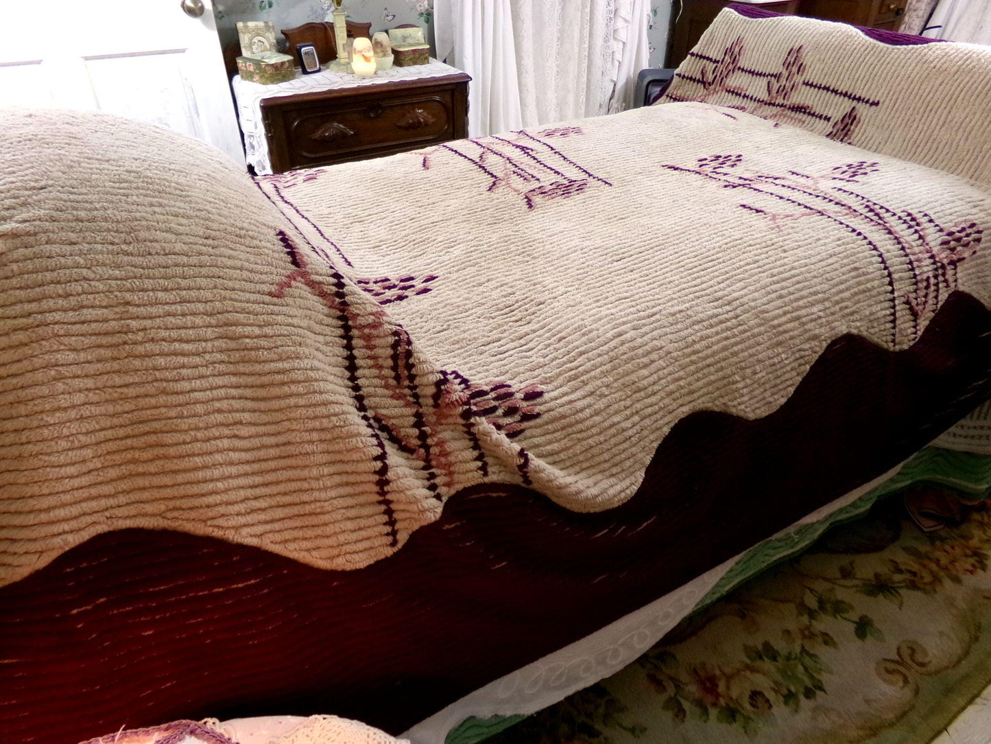 Art Deco Vintage Chenille Bedspread in Iconic Cattail Design, Shabby Antique Twin Size Bedding, #1
