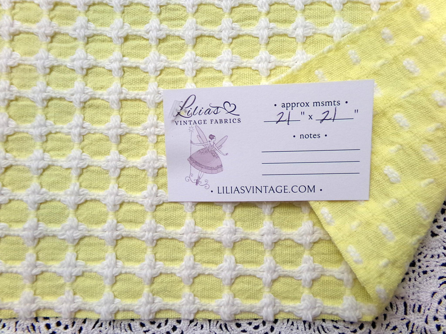 Honeycomb Cross Vintage Woven Chenille Fabric Lemon Yellow White Lady Galt 21x21"
