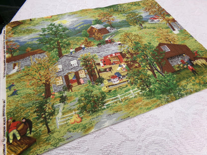 Grandma Moses HALLOWEEN Vintage Barkcloth Fabric, Midcentury Rustic Spooky Scene, 17" x 23"