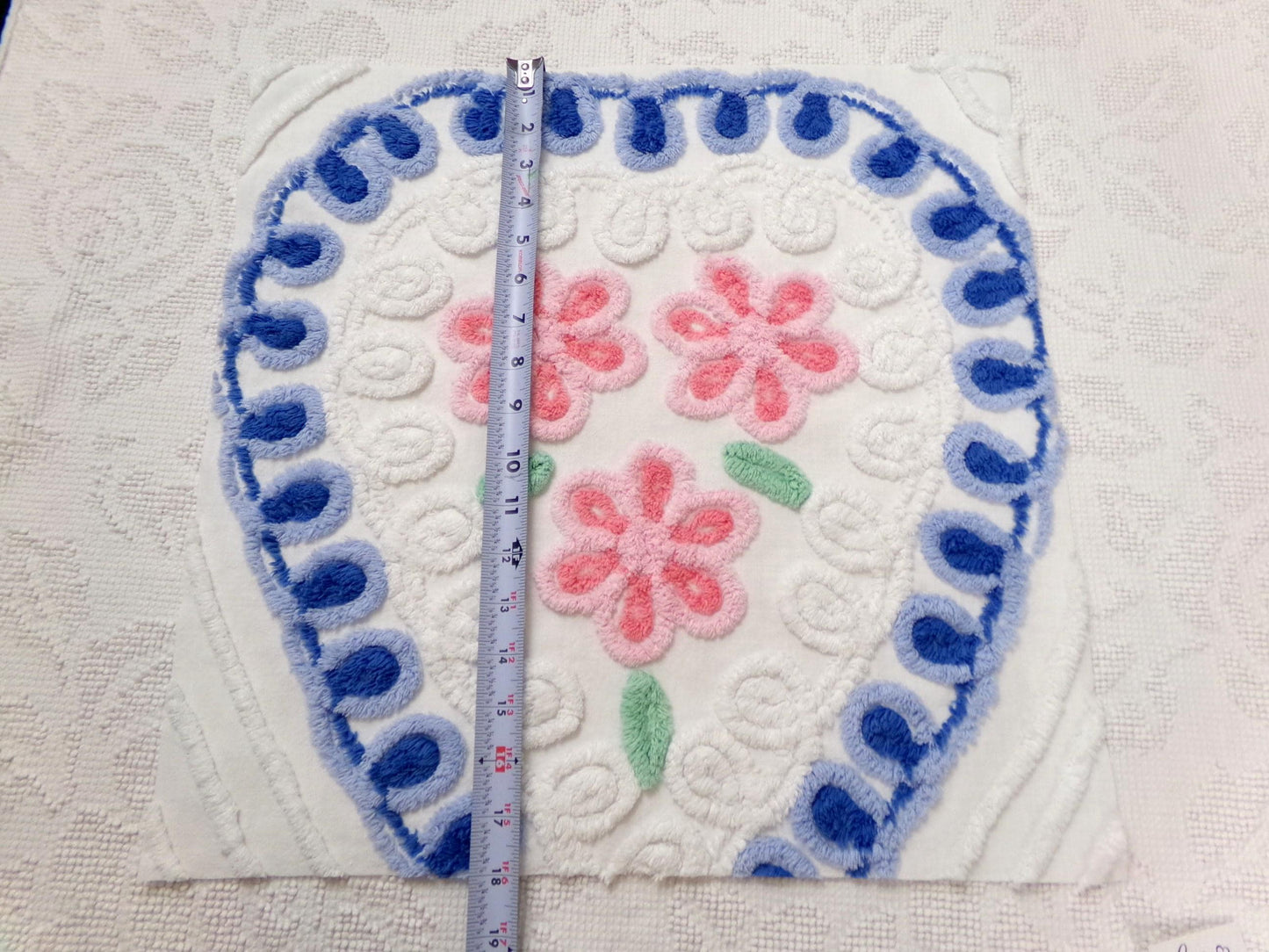 Sweetheart Floral Vintage Chenille Fabric, Pink & Blue Sewing Material 17.5" x 17" Piece