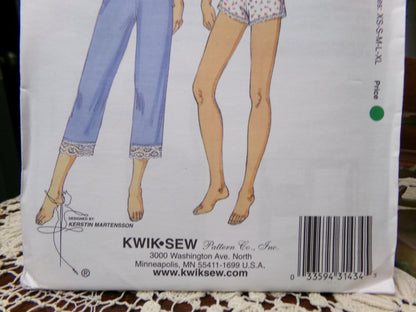 Vintage Kwik Sew 3143 Sewing Pattern, Misses Sleepwear Pajama Shorts, Capri Pants, Camisole, Size XS-XL