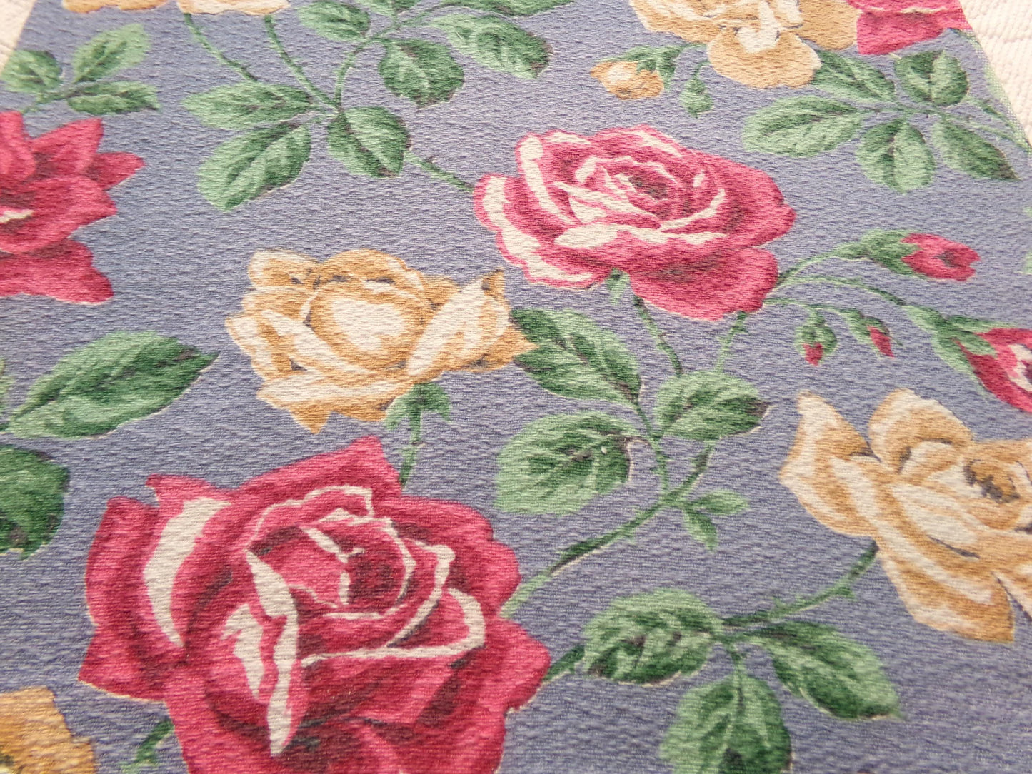 Vintage Rose Barkcloth Fabric, Pink Gold Blooms Blue Background 16" x 27"