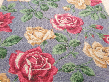 Vintage Rose Barkcloth Fabric, Pink Gold Blooms Blue Background 16" x 27"