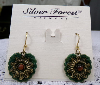Bold Boho Dangle Earrings Handcrafted Vintage Silver Forest Layered Green Lotus, Center Bead