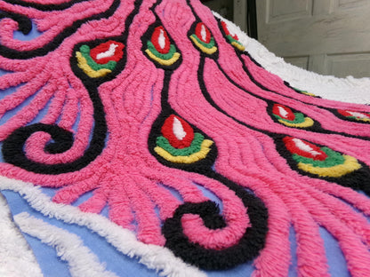 Pink Peacock Vintage Chenille Fabric, exotic tail feathers, sewing craft quilt material 17" x 23" piece