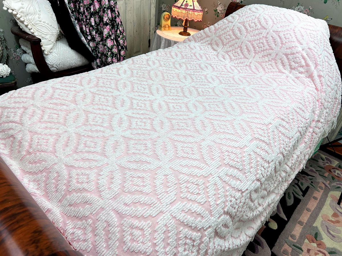 Vintage White & Pink Chenille Bedspread, Twin Size Coverlet, Accent Fringe