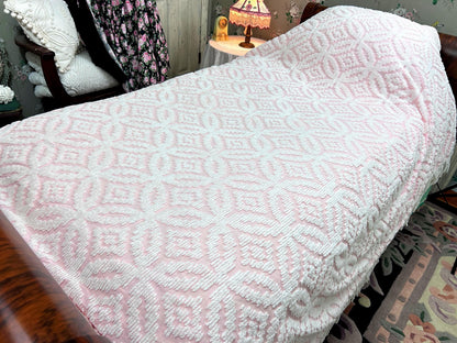 Vintage White & Pink Chenille Bedspread, Twin Size Coverlet, Accent Fringe