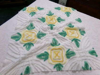 yellow cabbage rose vintage chenille bedspread fabric, cottage charm quilt material, 23" x 25" piece