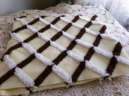 buttery yellow vintage chenille fabric in chocolate white crosshatch pattern, unique 20" x 25" piece of quilt material for crafts & sewing