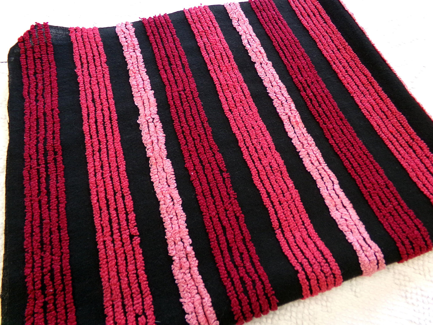 Pink on Black Stripes Vintage Chenille Fabric in Multisize Striped Pattern, 20" x 24" Piece, Shabby Chic Lightweight Cotton